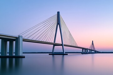 Fototapeta premium A majestic cable-stayed bridge stretching over a serene bay under a gradient-colored evening sky.
