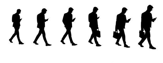 Vector silhouette of man standing with gadget in hand, business, people, group, black color, isolated on white background