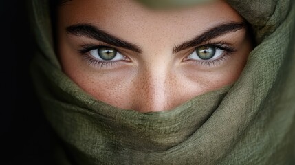Naklejka premium Close-up portrait of a woman with captivating eyes veiled by a scarf. Intense gaze and soft skin