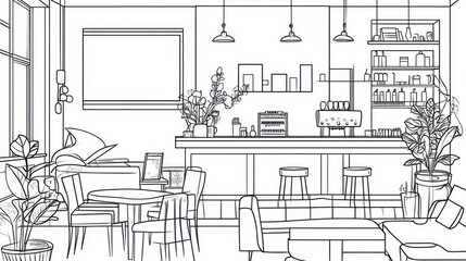 Interior Design Cafe Sketch, Cozy Space, Line Art, Contemporary Style, Suitable for Print or Digital Media