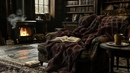 Cozy Reading Nook by Fireplace Book Blanket and Warmth