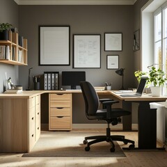 Fototapeta premium Light Wood Kalligurtor with White Square Holes (Office Desk, Black Armchair, Scandinavian Style)