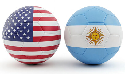 Soccer balls in United States and New Argentina flags. Football world cup or other tournament match icon. Electronic and print media news headline, advertising agencies and social media post.