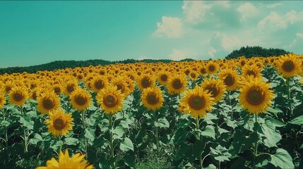 Obraz premium Vibrant Sunflower Field Under a Sunny Sky