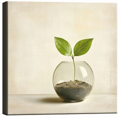 Growth of a young plant in a glass bowl indoor setting still life photography minimalist style
