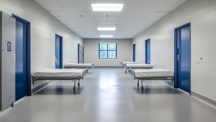 Fototapeta premium Hospital Hallway with Beds and Blue Doors Provides a Clean Environment