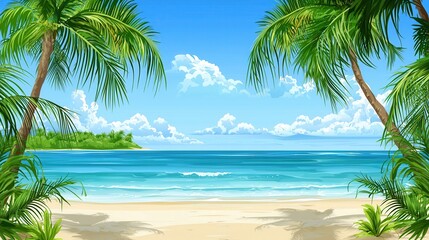 Fototapeta premium Idyllic Tropical Beach Scene Palm Trees Ocean and Sky