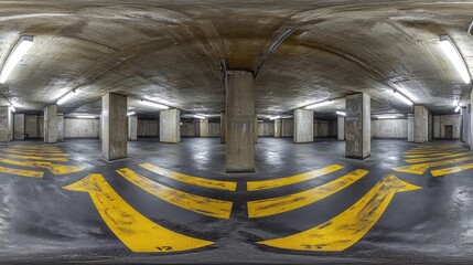 Empty urban parking garage, night.  360 view.  Background concrete pillars, dim lighting. Use real estate, architecture