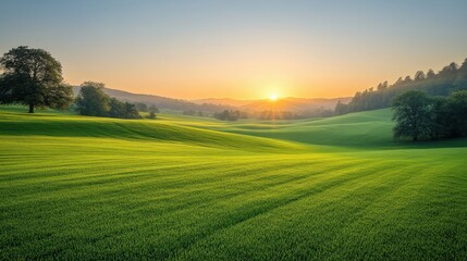 Sunset over rolling green hills