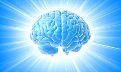 Radiant blue human brain, 3D render, bright light rays background,  intellectual concept,  neurology,  mind power.