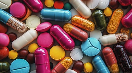 Colorful tablets and capsules are densely spread out, and various forms of medicines such as red, blue, pink, and yellow are interwoven.
