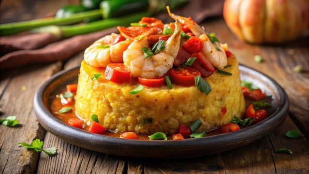 Close-up shot of a generous serving of mofongo topped with a medley of saut?ed shrimp, onions, and bell peppers in a fragrant garlic butter sauce , seafood, latin american