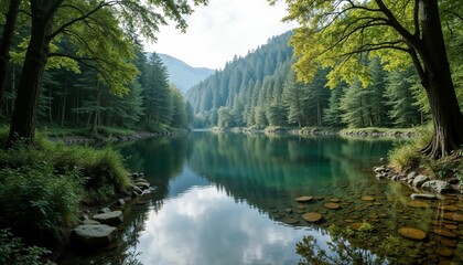Serene forest lake surrounded by lush greenery and tranquil water reflections