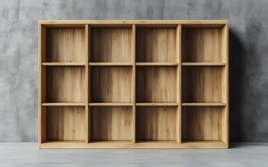 Empty wooden shelving unit against a concrete wall.  Interior design, storage solution