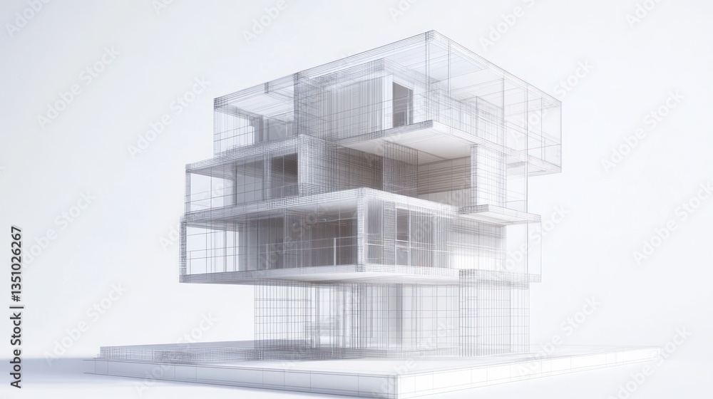 Poster modern architecture, abstract building, wireframe design, 3d modeling, digital visualization