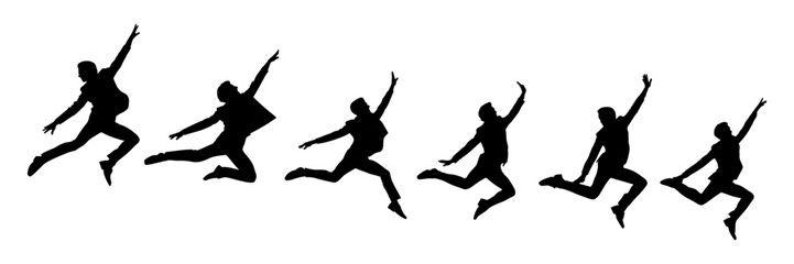 Silhouettes of various movements jumping, seamless pattern. Isolated on white background.