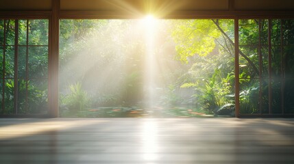Tranquil Indoor Space with Sunlight and Lush Greenery Outside