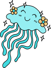 Hand drawn retro  summer 
jellyfish cartoon groovy doodle