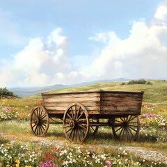 Vintage Wooden Wagon in Idyllic Countryside Setting, Evoking Nostalgia and Rural Charm in a Serene Landscape