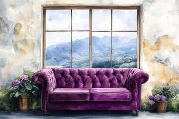 Purple sofa sits beneath a window overlooking a mountain range