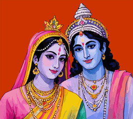 Watercolor illustration of Radha and Krishna's portrait for dol jatra beground