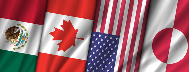 Illustration. Wavy national flags of Mexico, Canada, United States of America and Greenland. Political wide banner.