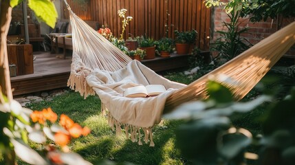 Serene Summer Relaxation Hammock Book and Garden Tranquility