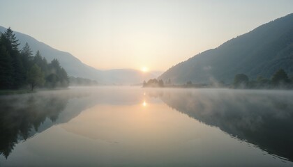 Fototapeta premium Misty sunrise over lake with soft reflections and peaceful mountains