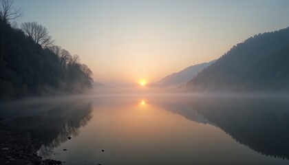 Serene sunrise over misty lake with reflections and soft pastel colors
