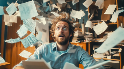 A stressed man struggles as he drowns in a massive pile of documents, overwhelmed by paperwork and deadlines. The concept of workplace stress, bureaucracy, and information overload. Generative AI.
