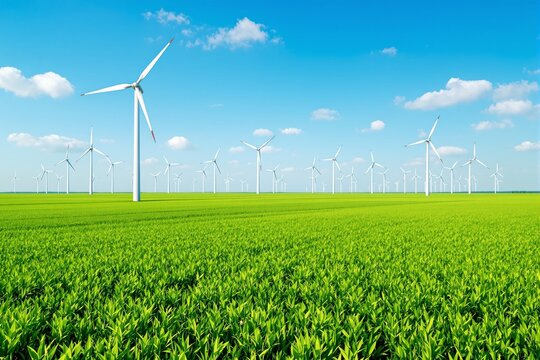 Wind turbines in a lush green field with a bright blue sky and scattered clouds in the background. Concept of renewable energy and sustainable power. Ai generative