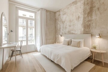 Bright minimalist bedroom with large window, textured wall, and wooden floors.