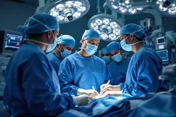 Medical team performing surgery in a brightly lit operating room, wearing blue scrubs and masks. Advanced equipment in background. Ai generative