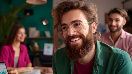 A data scientist enthusiastically explaining a graph or data visualization to a team of colleagues in a casual collaborative work environment