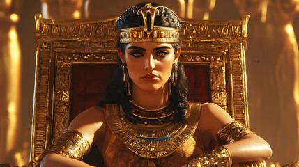 A Powerful Queen Reigns On Her Golden Throne, A Regal Gaze Captivating All Who Behold Her, Bathed In Warm, Opulent Light