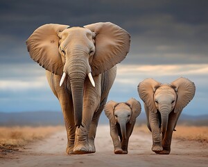 Elephant Family Walking Savannah.
