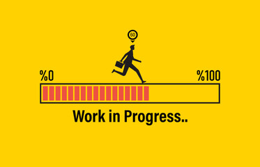 Work in progress loading bar with silhouette businessman running on bar to achieve full progress