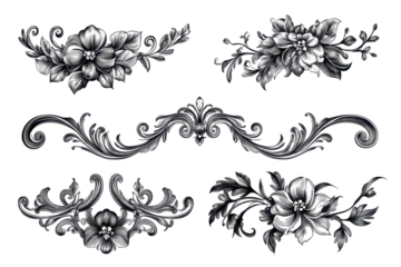 Elegant Silver Floral Ornaments Baroque Style Design Elements, isolated on transparent background