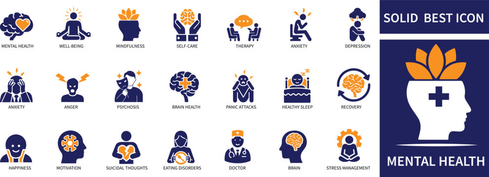 Mental health icon set Mental Health, Well-being, Mindfulness, Self-care best Quality icons