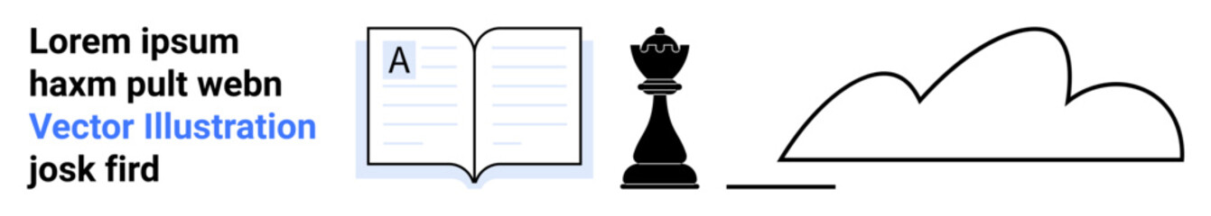 Fototapeta premium Open book with text, chess king as strategy symbol, and abstract cloud outline. Ideal for education, knowledge, strategy, creativity, decision-making, planning simple landing page