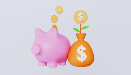 Obraz premium Piggy bank with coin tree, money depositing, future investment, money investment 3d illustration