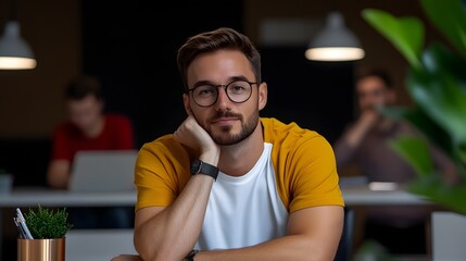 A focused bearded man in casual attire is deep in thought while working in a modern collaborative co working environment surrounded by the tools and technology of a startup entrepreneur