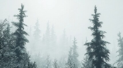 Obraz premium Snowy Coniferous Forest in a Winter Fog