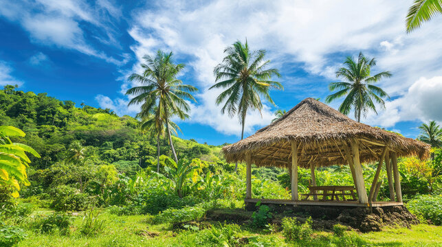 traditional Samoan Fale, open-sided wooden structure with a thatched roof, surrounded by lush tropical greenery