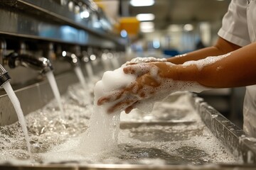 A worker in a food processing facility carefully washes hands under a stainless steel sink with soap and running water, emphasizing hygiene, prevention, and sanitation in food handling.
