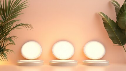 Fototapeta premium Empty light beige podiums with tropical plants. Possible use Product presentation or display