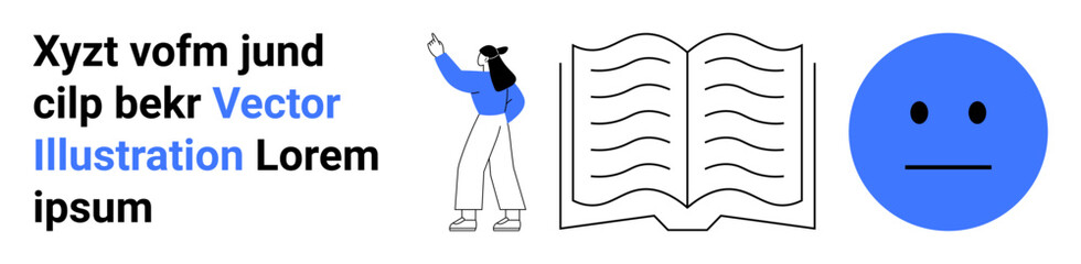 Woman pointing at stylized text, open book with lines, neutral blue face. Ideal for education, reading, learning, communication, guidance, emotions and simple landing page