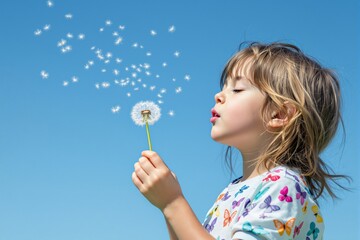 Child with butterfly-patterned shirt blowing dandelion seeds against a bright blue sky background. Concept of childhood, dreams, and creativity. Ai generative