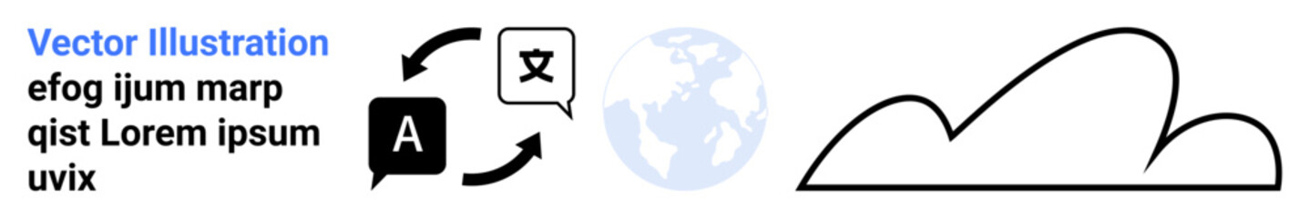 Language symbols, arrows, globe, and cloud represent translation, global access, cloud storage, communication. Ideal for technology, networking globalization language learning AI systems app
