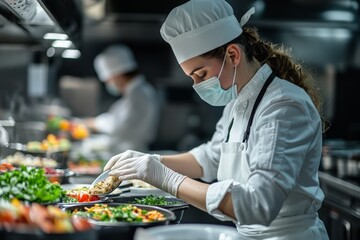 Food industry workers wearing face masks and gloves carefully prepare food in a sanitized kitchen, emphasizing hygiene, sanitation, and prevention.
